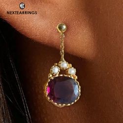 Art Deco Golden Red Sapphire & White Pearl Oval Cut Drop Earrings For Women