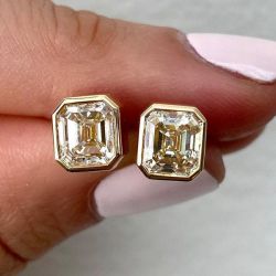 Classic Bezel Yellow Sapphire Emerald Cut Golden Stud Earrings 