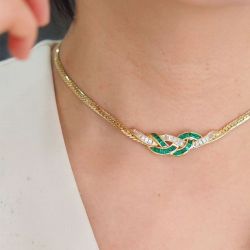 Golden Asscher Cut Emerald & White Sapphire Tennis Necklace For Women