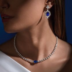 Oval Cut Blue & White Sapphire Tennis Necklace & Drop Earrings Set