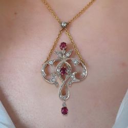 Art Deco White & Ruby Sapphire Oval & Round Cut Pendant Necklace