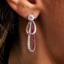 Art Deco Ruby & White Sapphire Round & Baguette Cut Drop Earrings