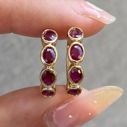 Golden Bezel Oval Cut Ruby Sapphire Hoop Earrings For Women