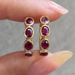Golden Bezel Oval Cut Ruby Sapphire Hoop Earrings For Women