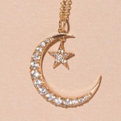 Golden Pave Setting White Sapphire Round Cut Star & Moon Pendant Necklace