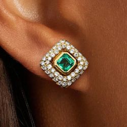 Golden Bezel Emerald & White Sapphire Asscher & Round Cut Stud Earrings