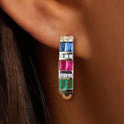 Golden Ruby & Blue & Emerald Sapphire Baguette Cut Hoop Earrings