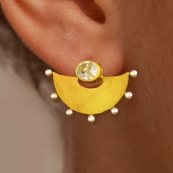 Unique Golden Oval Cut White Sapphire & Pearl Drop Earrings