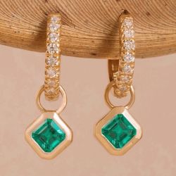 Golden Emerald & White Sapphire Asscher Cut Hoop Drop Earrings