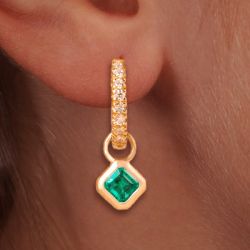 Golden Emerald & White Sapphire Asscher Cut Hoop Drop Earrings