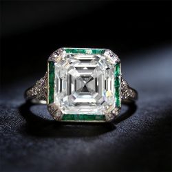 Art Deco Halo White & Emerald Sapphire Asscher Cut Engagement Ring