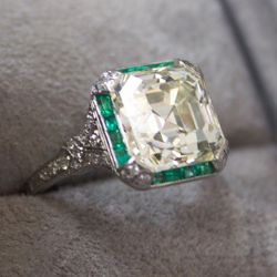 Art Deco Halo White & Emerald Sapphire Asscher Cut Engagement Ring