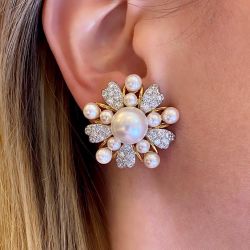 Two Tone Flower Design White Sapphire & Pearl Round Cut Stud Earrings