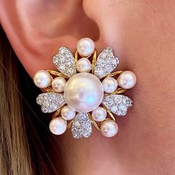 Two Tone Flower Design White Sapphire & Pearl Round Cut Stud Earrings
