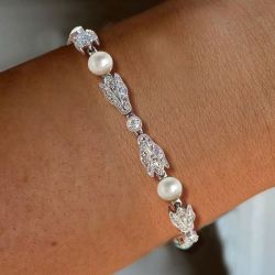 Art Deco Round Cut White Sapphire & Pearl Tennis Bracelet For Women