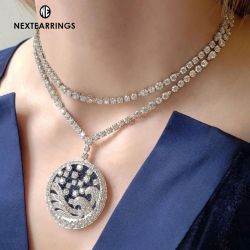 Double Row Round Cut Blue & White Sapphire Wave Pendant Necklace For Women