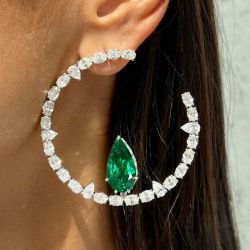 Elegant Pear & Round Cut White & Emerald Sapphire Hoop Earrings For Women