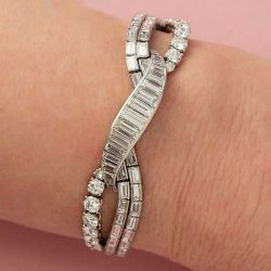 Art Deco Baguette & Round Cut White Sapphire Tennis Bracelet For Women