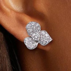 Flower Design Round Cut White Sapphire Stud Earrings For Women