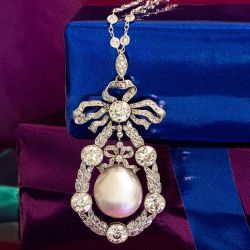 Art Deco Bow Halo Round Cut Pearl & White Sapphire Pendant Necklace For Women
