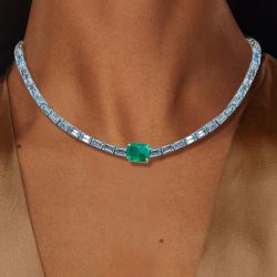 Two Tone Emerald Cut Emerald & Aquamarine Sapphire Tennis Necklace For Women