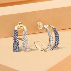 Golden Double Domed Round Cut Blue & White Sapphire Hoop Earrings For Women