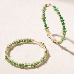 Golden Round & Baguette Cut Emerald Sapphire Hoop Earrings For Women