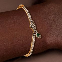 Golden Coiled Snake Design Round Cut White & Emerald Sapphire Bangle Bracelet For Women