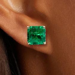 Golden Asscher Cut Emerald Sapphire Stud Earrings For Women