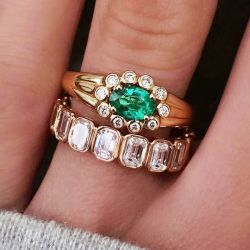 Golden Oval & Emerald Cut Emerald & White Sapphire Engagement Ring Sets For Women