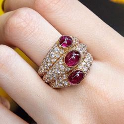 Golden Triple Row Oval Cut Ruby Sapphire Engagement Ring For Women