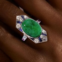 Art Deco Halo Oval Cut Emerald Sapphire Engagement Ring For Women