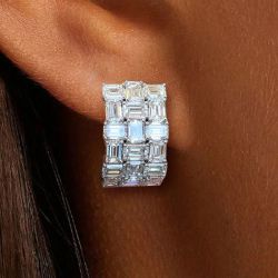 Classic Triple Row Baguette Cut White Sapphire Hoop Earrings For Women