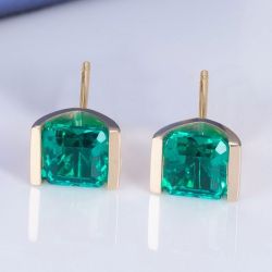 Golden Asscher Cut Emerald Sapphire Stud Earrings For Women