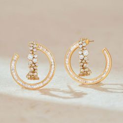 Golden Round & Baguette Cut White Sapphire Hoop Earrings For Women