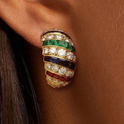 Golden Baguette & Round Cut Ruby & Blue & Emerald & White Sapphire Hoop Earrings For Women