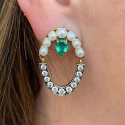 Unique Golden Pear & Round Cut Emerald & White Sapphire & Pearl Drop Earrings For Women
