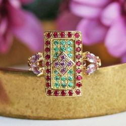 Vintage Round Cut Multi-Color Sapphire Cocktail Ring For Women