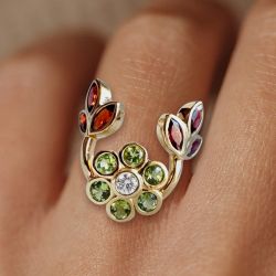 Golden Round & Marquise Cut Peridot & White & Garnet Sapphire Cocktail Ring For Women