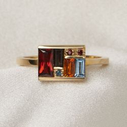 Golden Baguette Cut Garnet & Topaz & Orange & Brown Sapphire Cocktail Ring For Women