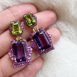 Vintage Emerald Cut Amethyst & Peridot Sapphire Drop Earrings For Women