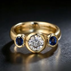 Bezel Round & Oval Cut White & Blue Sapphire Three Stone Engagement Ring