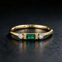 Golden Baguette Cut Emerald Sapphire Engagement Ring For Women