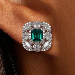 Vintage Asscher Cut Emerald Sapphire Stud Earrings For Women