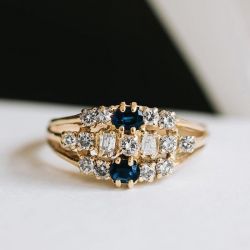 Vintage Oval & Round Cut Blue & White Sapphire Wedding Band For Women
