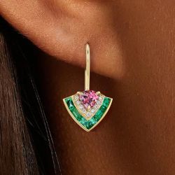 Golden Multi-Cut Pink & White & Emerald Sapphire Tiered Drop Earrings For Women