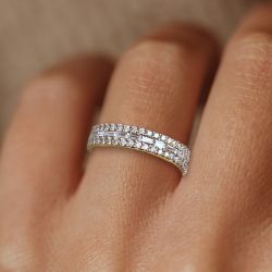 Golden Triple Row Round & Baguette Cut White Sapphire Half Eternnity Wedding Band For Women
