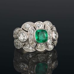 Art Deco Cushion Cut Emerald Sapphire Engagement Ring