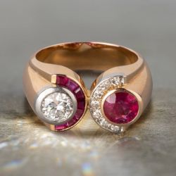 Two Tone Bezel Round Cut White & Ruby Sapphire Enaggement Ring