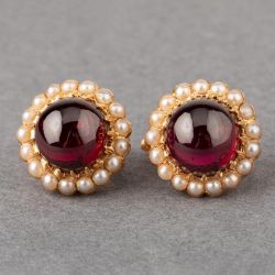 Antique Round Cut Cabochon Garnet Sapphire & Pearl Stud Earrings For Women